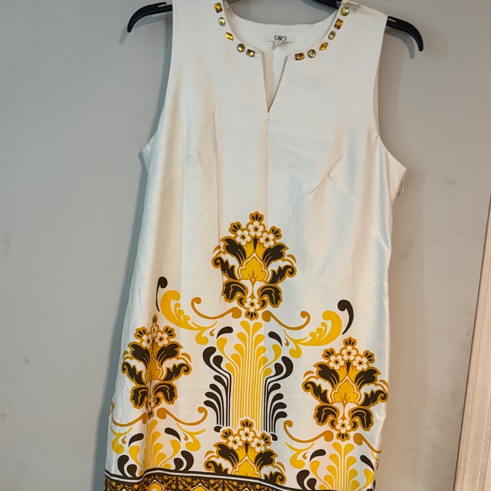 NWT Cato White Sleeveless Mini Dress with Yellow & Brown Baroque Print